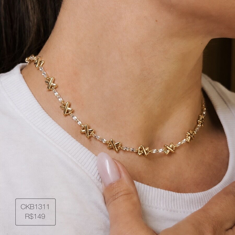 Choker Luxo Baguetes c/ X Cristal Dourada